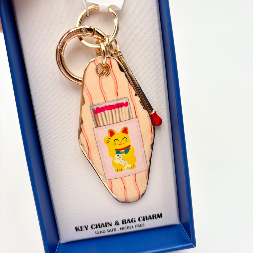Piper K Lucky Cat Keychain Bag Charm Gold Tone Hardware Maneki Neko‎ New in Box